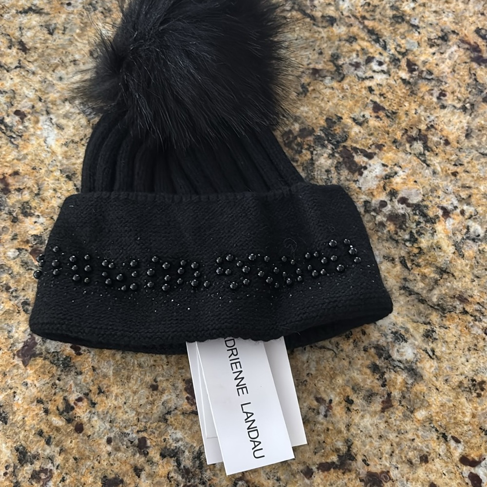 ADRIENNE LANDAU EMBELLISHED FAUX FUR POM POM BEANIE